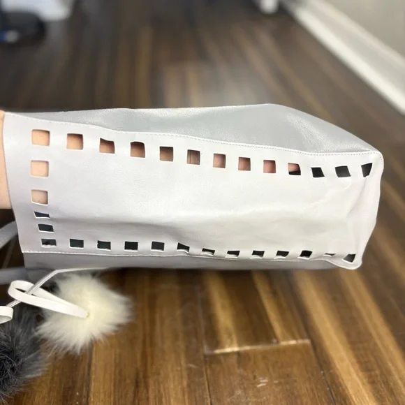 Gray Blue Tote Bag Pom Poms w/ cut out, felt lined y2k - Picture 7 of 9